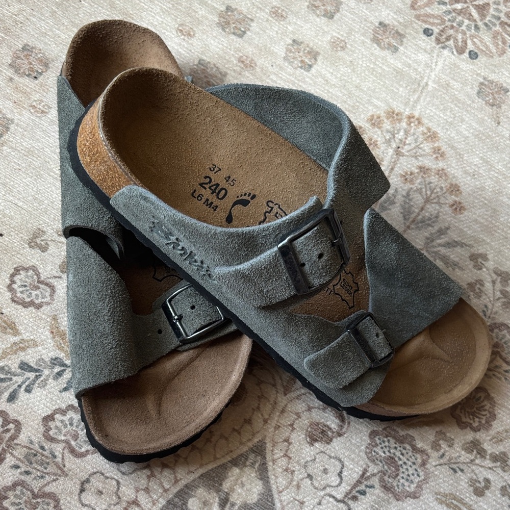 37  Birkis/Original Birkenstock Fussbett Buckle thick Suede - new - Gray/blue